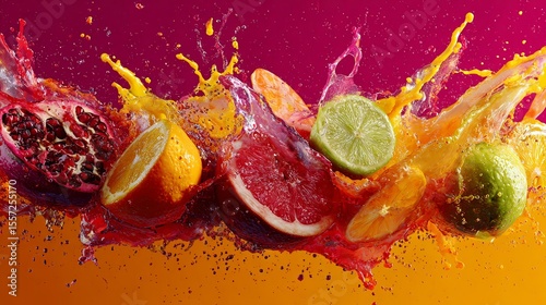 Wallpaper Mural exploding splash of colorful fruit and juice on vibrant background, dynamic motion Torontodigital.ca