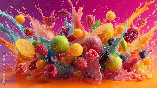Wallpaper Mural exploding splash of colorful fruit and juice on vibrant background, dynamic motion Torontodigital.ca