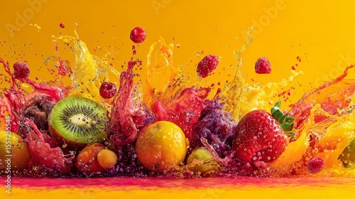 Wallpaper Mural exploding splash of colorful fruit and juice on vibrant background, dynamic motion Torontodigital.ca