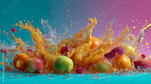 Wallpaper Mural exploding splash of colorful fruit and juice on vibrant background, dynamic motion Torontodigital.ca