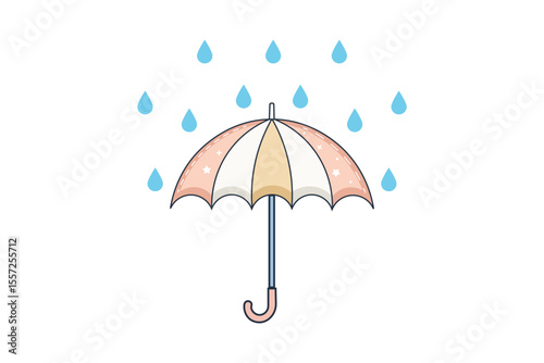 Vector cartoon umbrella with falling drops of rain, minimal and decorative weather icon, pastel color palette, cute flat design for kids art, seasonal posters, and fabric print projects
