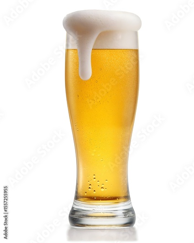 Refreshing Glass of Cold Beer with Frothy Head and Bubbles on White Background

