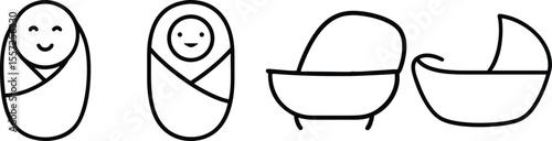 Adorable Baby Icons: Swaddled Infants, Bassinet, and Cradle Illustrations for Nursery Decor