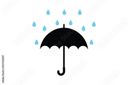 Flat vector illustration of an umbrella with falling rain drops, colorful weather scene in cartoon style, seamless design for rainy day backgrounds, kids prints, posters, and web use

