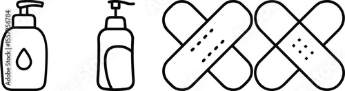 Simple Line Icons of Lotion Bottles and Bandages for First Aid and Hygiene