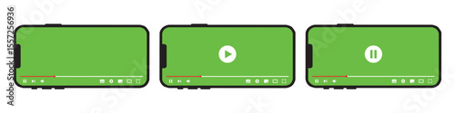 Video player on Smartphone screen template icon. Multimedia player template icon, green screen vector illustration