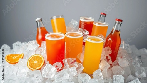 Bunte Glasflaschen und Gläser mit Getränken auf Eiswürfeln, kühle Erfrischung für Partys.