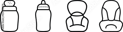 Simple Line Art Illustrations of Baby Bottles, Salt Shaker, and Baby Carriers for Design Elements