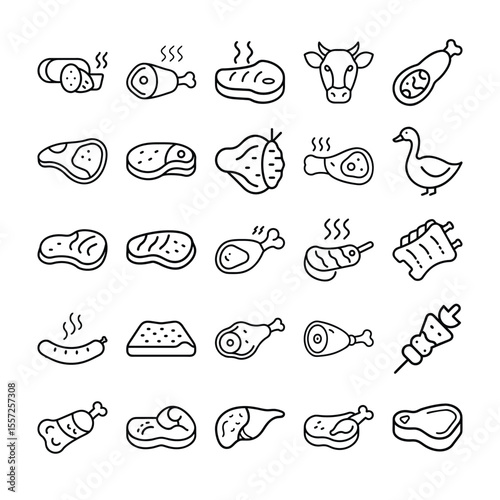 Collection of Various Meat and Poultry Icons in Outline Style