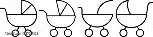 Four Stylish Baby Stroller Icons, Modern Minimalist Design, Vector Illustration, Simple Line Art, Child Carriage,...