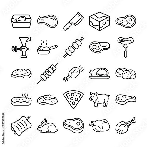 Black and White Outline Icons Representing Various Meats and Food Items