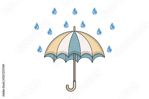 Minimal vector of umbrella and rain drops falling from sky, flat and simple illustration of rainy day, clean weather-themed design for fabric, wallpaper, and kids content
