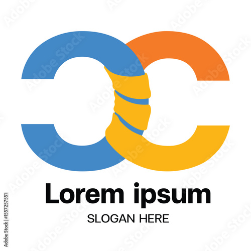 A modern logo design featuring two prominent C shapes.One C is blue and the other is orange,and they appear to be intertwined or linked by a central element in yellow,which has a wrapped appearance