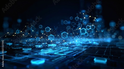 Blue-toned digital network with pulsating connections and motion-blurred hexagonal forms on a sleek tech background 