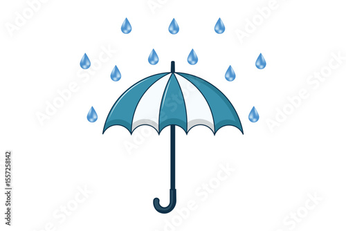 Hand-drawn vector illustration of umbrella with colorful raindrops, cartoon flat style design, playful rainy day artwork for educational visuals, prints, and decor
