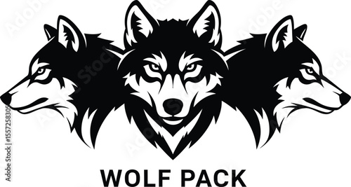 Three wolf heads in black and white facing different directions art