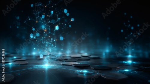 Glowing blue tech visualization with interconnected lines and levitating hex shapes on a dark gradient background 