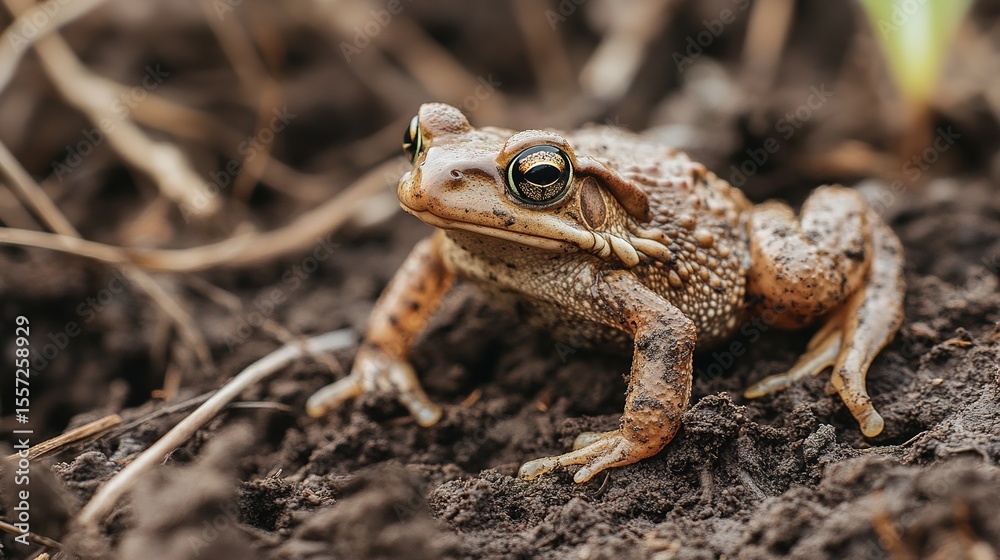 Fototapeta premium A close-up of a brown toad resting on dark soil with a blurred natural background.