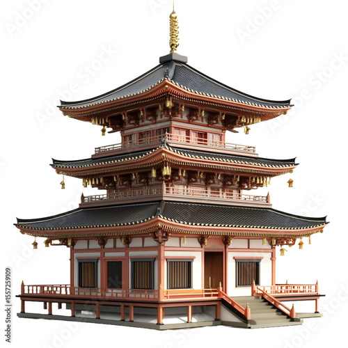 Three-story wooden Japanese temple with white background