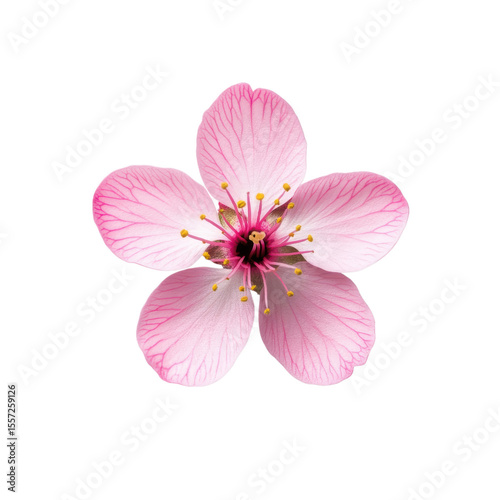 Delicate pink cherry blossom flower with visible veins and yellow stamens isolated on transparent background