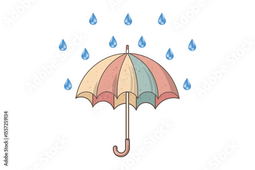 Set of cartoon umbrellas with rain drops falling, vector seamless pattern with pastel colors, flat weather design for children’s visuals, decor, and textile patterns
