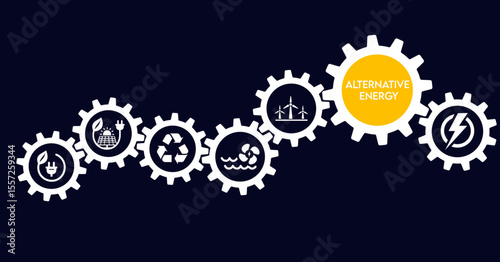 Alternative energy icon set with solar, wind, geothermal, hydropower, biomass, tidal power, wave, renewable, sustainable, efficiency, photovoltaic, turbine, generator, inverter, storage, and battery