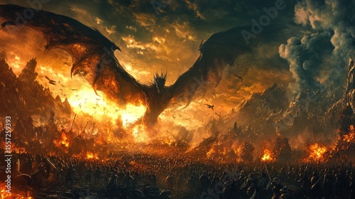 Fierce dragon amidst apocalyptic battle