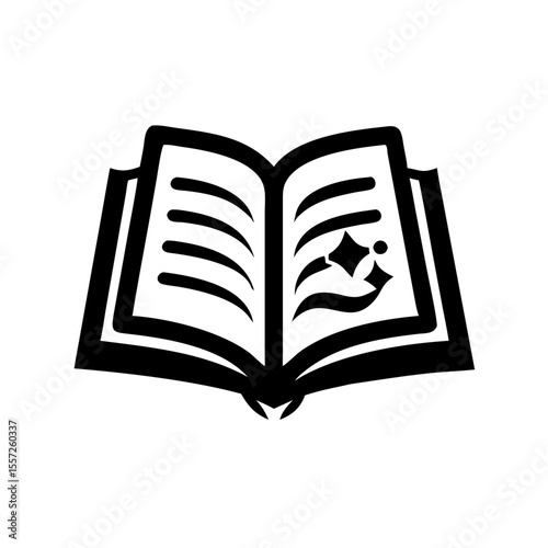 Open book with lines and a starburst black and white