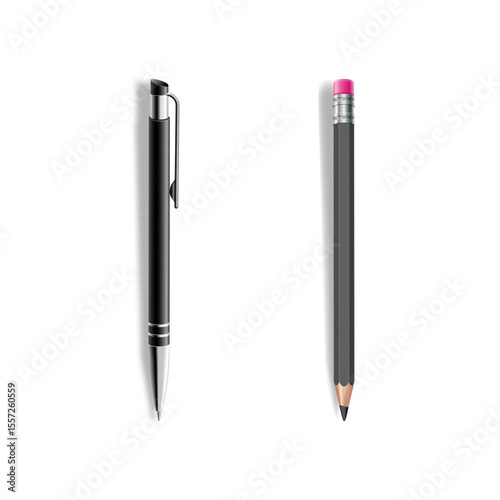 Realistic Pen and Pencil Isolated on White Background