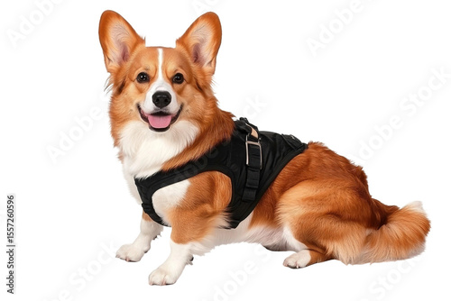 Happy corgi dog wearing black harness sitting gracefully with a joyful expression against a bright background, showcasing its playful and friendly personality
