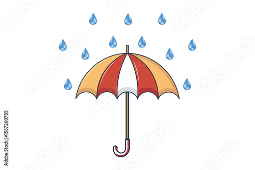 Whimsical umbrella with falling raindrops, cute cartoon vector illustration, rainy day weather theme for children’s graphics, seamless decorative backgrounds, and posters
