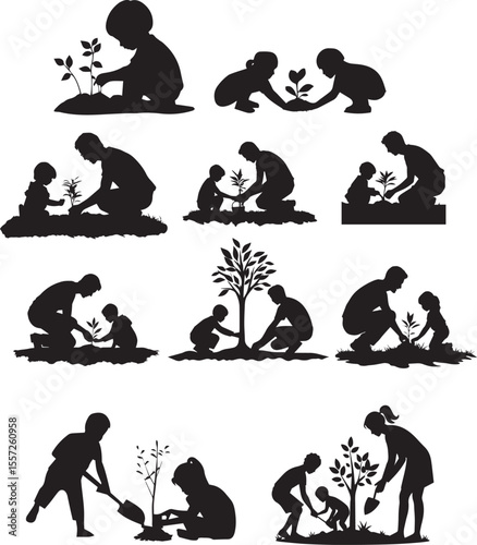 Tree Planting Activity Silhouettes . Environmental Awareness