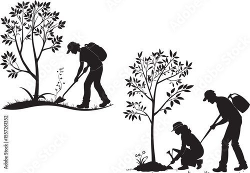 Tree Planting Activity Silhouettes . Environmental Awareness .