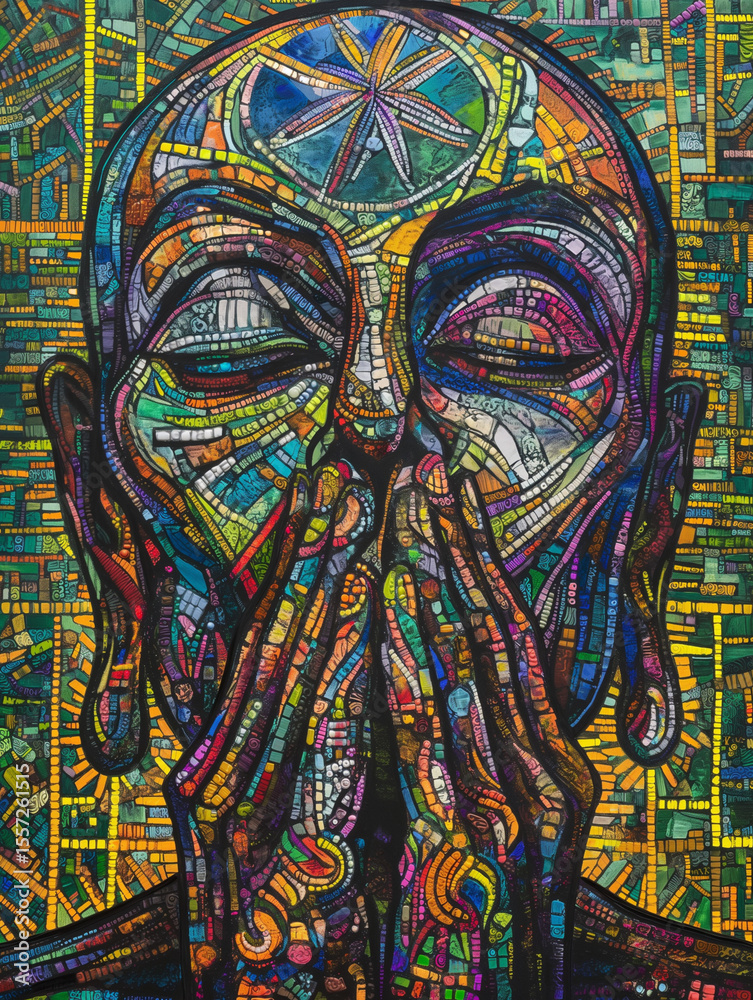 Obraz premium Vibrant abstract artwork depicting a human figure with intricate patterns and colors, emphasizing emotion and spirituality. Generative AI
