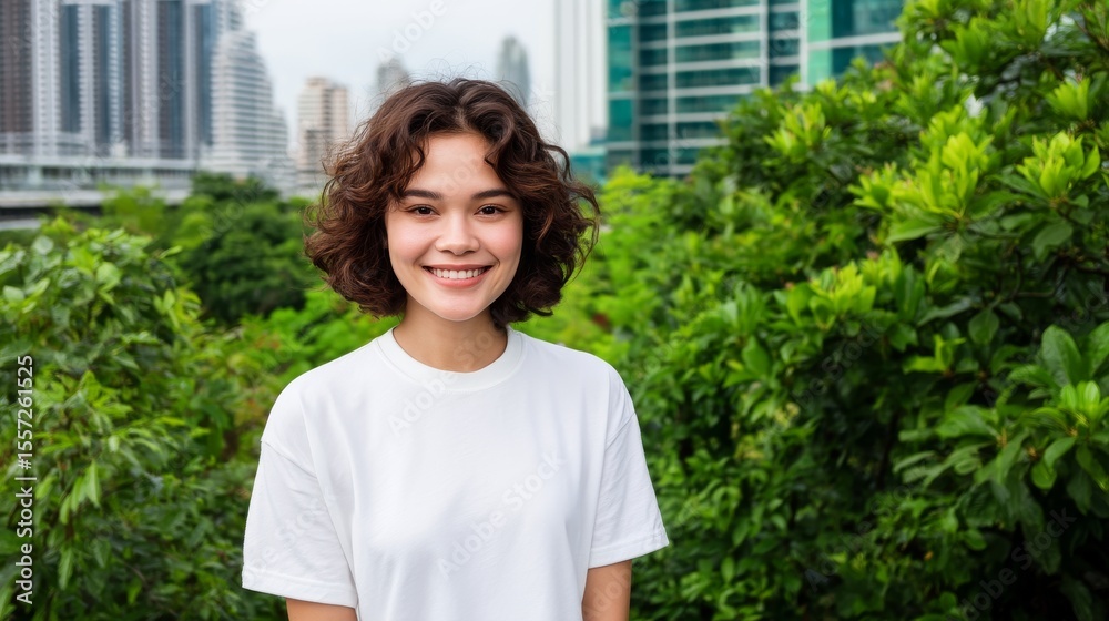 A young woman with curly hair smiles warmly wearing a white t-shirt, standing outdoors with a lush green backdrop and city skyscrapers in the distance. A young woman with curly hair smiles warmly wearing a white t-shirt, standing outdoors with a lush green backdrop and city skyscrapers in the distance.