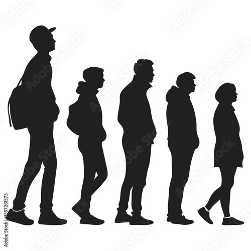 Silhouette of People Standing in Line – Generational Progression Vector Illustration