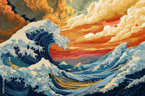 Storm illustration in ukiyo-e woodblock style. Dynamic composition and detailed texture convey a serene landscape drama