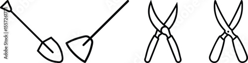 Gardening Tools Illustration: Shovel, Secateurs, and Pruning Shears for Spring Planting and Yard Work