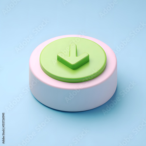 A 3D render of a button with a green downward arrow on a pink and white base, set against a light blue background.