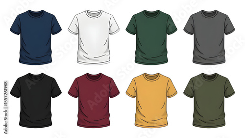 Collection of eight different colored plain t shirts arranged in two rows