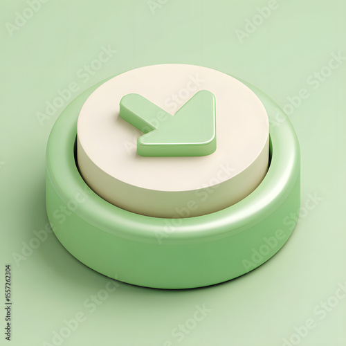 A close-up view of a green button with an arrow pointing downwards, simple design.
