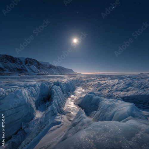 A breathtaking nighttime landscape of Iceland's Vatnajökull Glacier under a bright moon, showcasing vast icy terrain and a clear night sky