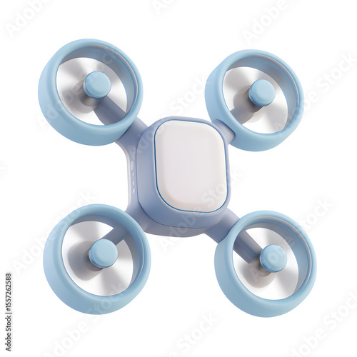 A blue and white toy drone with four propellers, isolated on a white background, viewed from above.