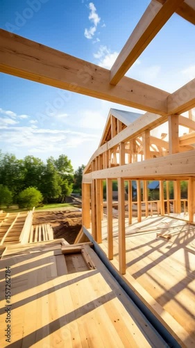 Framing stage of wooden house construction showcasing beams, studs, and rafters under blue sky with the sun shining on a clear day