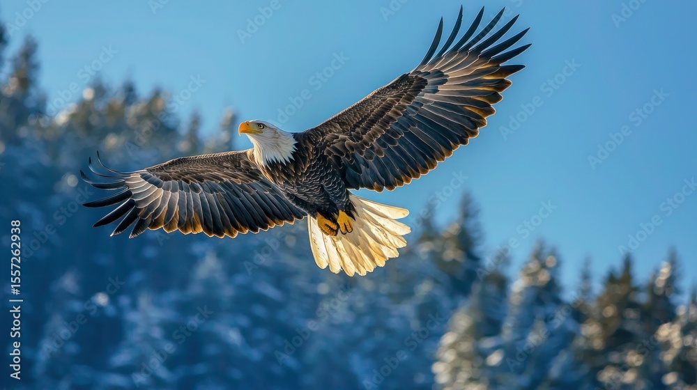 Fototapeta premium A majestic eagle soars across a clear blue sky with its wings fully extended and sunlight glinting off its feathers above a pine-covered mountain