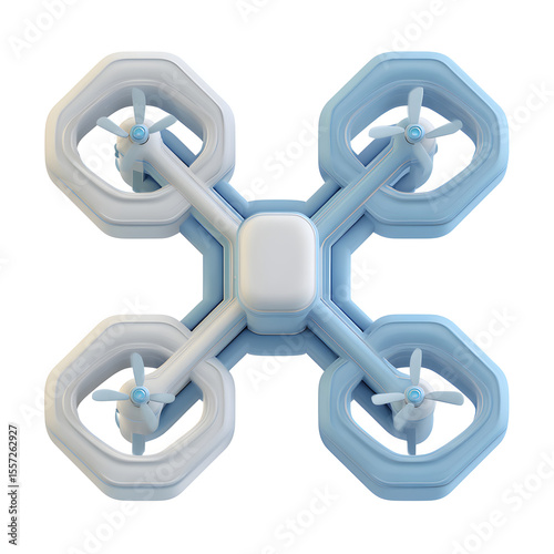 A stylized, 3D-rendered illustration of a modern, quadcopter drone, isolated on white.