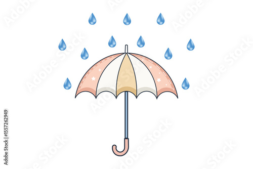 Vector umbrella protecting from soft rain, falling droplets in pastel tones, flat design weather concept for cute cartoon backgrounds, children’s books, and seasonal materials
