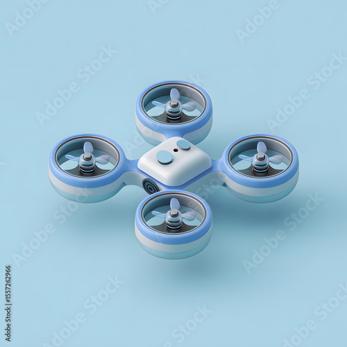 A light blue and white toy drone with four propellers is displayed on a light blue background.