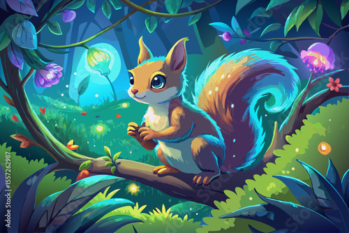 vector of A glowing squirrel on a mossy branch in a magical forest, surrounded by vibrant flowers...