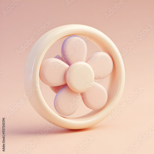A stylized, pastel pink flower with five petals inside a circular frame, rendered in a smooth, glossy style.
